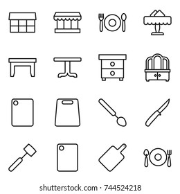 thin line icon set : market, cafe, restaurant, table, nightstand, dresser, cutting board, big spoon, knife, meat hammer, fork plate