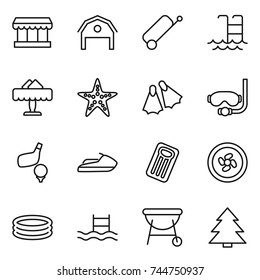 thin line icon set : market, barn, suitcase, pool, restaurant, starfish, flippers, diving mask, golf, jet ski, inflatable mattress, cooler fan, bbq, spruce