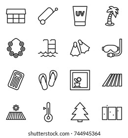 thin line icon set : market, suitcase, uv cream, palm, hawaiian wreath, pool, flippers, diving mask, inflatable mattress, flip flops, flower in window, field, thermometer, spruce, clean