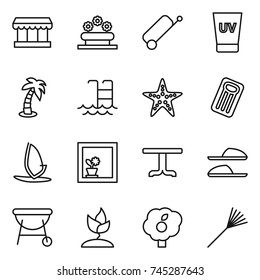 thin line icon set : market, flower bed, suitcase, uv cream, palm, pool, starfish, inflatable mattress, windsurfing, in window, table, slippers, bbq, sprouting, garden, rake
