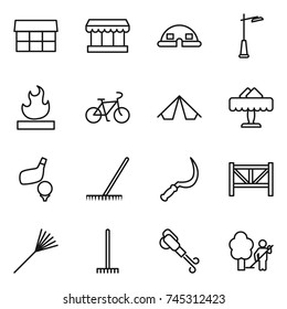 thin line icon set : market, dome house, outdoor light, flammable, bike, tent, restaurant, golf, rake, sickle, farm fence, blower, garden cleaning