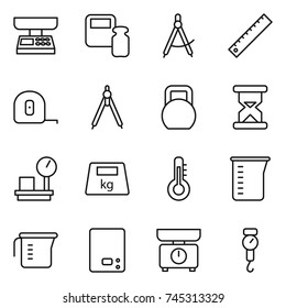thin line icon set : market scales, weight, draw compass, ruler, measuring tape, drawing compasses, heavy, sand clock, warehouse, thermometer, cup, kitchen, handle