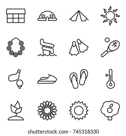 thin line icon set : market, dome house, tent, sun, hawaiian wreath, aquapark, flippers, tennis, golf, jet ski, flip flops, thermometer, sprouting, flower, garden