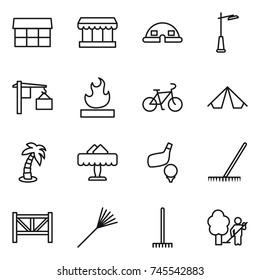 thin line icon set : market, dome house, outdoor light, loading, flammable, bike, tent, palm, restaurant, golf, rake, farm fence, garden cleaning