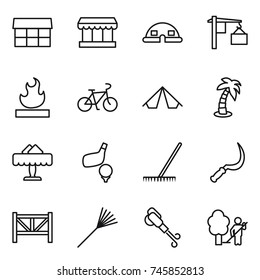 thin line icon set : market, dome house, loading, flammable, bike, tent, palm, restaurant, golf, rake, sickle, farm fence, blower, garden cleaning