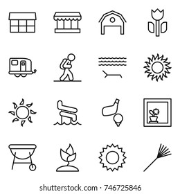 thin line icon set : market, barn, perishable, trailer, tourist, lounger, sun, aquapark, golf, flower in window, bbq, sprouting, rake