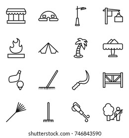 thin line icon set : market, dome house, outdoor light, loading, flammable, tent, palm, restaurant, golf, rake, sickle, farm fence, blower, garden cleaning