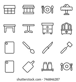 thin line icon set : market, cafe, restaurant, table, nightstand, dresser, cutting board, big spoon, knife, meat hammer, salt pepper, fork plate