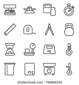 thin line icon set : market scales, weight, stopwatch, ruler, measuring tape, drawing compasses, heavy, sand clock, warehouse, thermometer, cup, kitchen