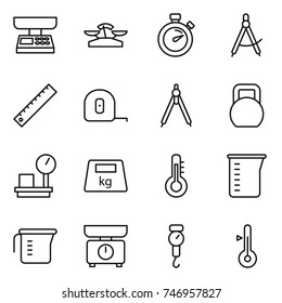 thin line icon set : market scales, stopwatch, draw compass, ruler, measuring tape, drawing compasses, heavy, warehouse, thermometer, cup, kitchen, handle