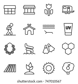 thin line icon set : market, perishable, trailer, tourist, bungalow, lounger, uv cream, hawaiian wreath, aquapark, flippers, honeycombs, field, sprouting, sun, garden