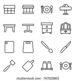 thin line icon set : market, cafe, restaurant, table, nightstand, dresser, cutting board, big spoon, knife, meat hammer, salt pepper, fork plate