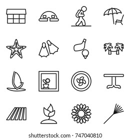 thin line icon set : market, dome house, tourist, lounger, starfish, flippers, golf, palm hammock, windsurfing, flower in window, cooler fan, table, field, sprouting, rake