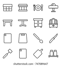 thin line icon set : market, cafe, restaurant, table, nightstand, dresser, cutting board, big spoon, knife, meat hammer, salt pepper