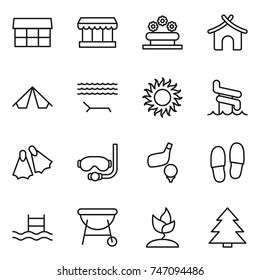 thin line icon set : market, flower bed, bungalow, tent, lounger, sun, aquapark, flippers, diving mask, golf, slippers, pool, bbq, sprouting, spruce