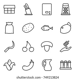 thin line icon set : market, stands for knives, kitchen scales, grater, flour, potato, fish, lemon, sickle, cherry, mushroom, harvest, corn, eggplant, jug, grain elevator