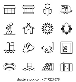 thin line icon set : market, perishable, trailer, tourist, bungalow, sun, hawaiian wreath, pool, flippers, diving mask, flower in window, inflatable, field, clean