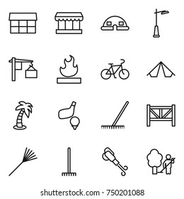 thin line icon set : market, dome house, outdoor light, loading, flammable, bike, tent, palm, golf, rake, farm fence, blower, garden cleaning