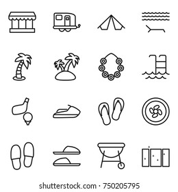 thin line icon set : market, trailer, tent, lounger, palm, island, hawaiian wreath, pool, golf, jet ski, flip flops, cooler fan, slippers, bbq, clean window