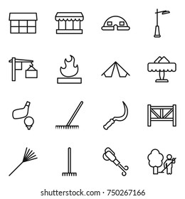 thin line icon set : market, dome house, outdoor light, loading, flammable, tent, restaurant, golf, rake, sickle, farm fence, blower, garden cleaning
