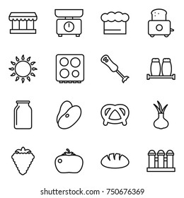 thin line icon set : market, kitchen scales, chief hat, toaster, gas oven, hob, blender, salt pepper, bank, beans, pretzel, onion, berry, tomato, bread, grain elevator