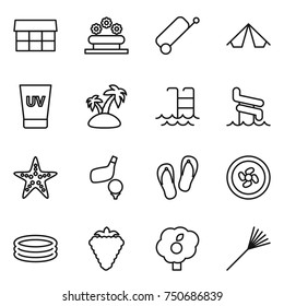 thin line icon set : market, flower bed, suitcase, tent, uv cream, island, pool, aquapark, starfish, golf, flip flops, cooler fan, inflatable, berry, garden, rake