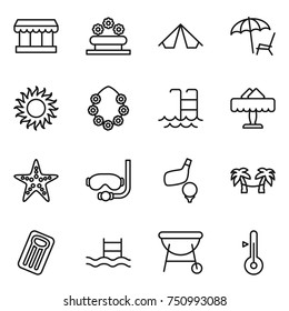 thin line icon set : market, flower bed, tent, lounger, sun, hawaiian wreath, pool, restaurant, starfish, diving mask, golf, palm hammock, inflatable mattress, bbq, thermometer