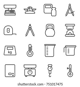 thin line icon set : market scales, weight, draw compass, measuring tape, drawing compasses, heavy, sand clock, thermometer, cup, kitchen, handle