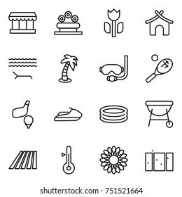 thin line icon set : market, flower bed, perishable, bungalow, lounger, palm, diving mask, tennis, golf, jet ski, inflatable pool, bbq, field, thermometer, clean window