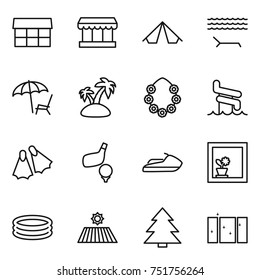 thin line icon set : market, tent, lounger, island, hawaiian wreath, aquapark, flippers, golf, jet ski, flower in window, inflatable pool, field, spruce, clean