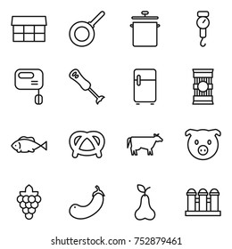 thin line icon set : market, pan, handle scales, mixer, blender, fridge, pasta, fish, pretzel, cow, pig, grape, eggplant, pear, grain elevator