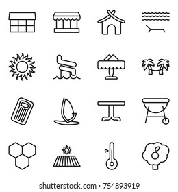 thin line icon set : market, bungalow, lounger, sun, aquapark, restaurant, palm hammock, inflatable mattress, windsurfing, table, bbq, honeycombs, field, thermometer, garden
