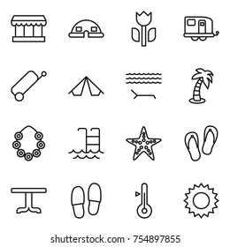thin line icon set : market, dome house, perishable, trailer, suitcase, tent, lounger, palm, hawaiian wreath, pool, starfish, flip flops, table, slippers, thermometer, sun
