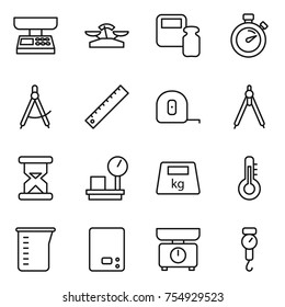 thin line icon set : market scales, weight, stopwatch, draw compass, ruler, measuring tape, drawing compasses, sand clock, warehouse, heavy, thermometer, cup, kitchen, handle
