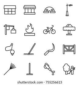 thin line icon set : market, dome house, outdoor light, loading, flammable, bike, restaurant, golf, rake, sickle, farm fence, blower, garden cleaning