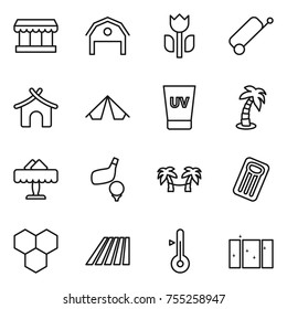 thin line icon set : market, barn, perishable, suitcase, bungalow, tent, uv cream, palm, restaurant, golf, hammock, inflatable mattress, honeycombs, field, thermometer, clean window