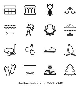 Thin line icon set : market, perishable, tent, lounger, palm, hawaiian wreath, restaurant, diving mask, golf, jet ski, windsurfing, flip flops, table, field, spruce