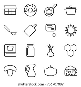thin line icon set : market, donut, pan, ladle, cutting board, mixer, gas oven, cooking book, bank, onion, honeycombs, mushroom, jug, pumpkin, cheese
