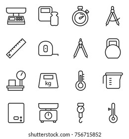 thin line icon set : market scales, weight, stopwatch, draw compass, ruler, measuring tape, drawing compasses, heavy, warehouse, thermometer, cup, kitchen, handle