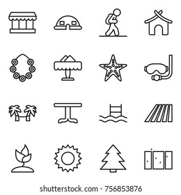 Thin line icon set : market, dome house, tourist, bungalow, hawaiian wreath, restaurant, starfish, diving mask, palm hammock, table, pool, field, sprouting, sun, spruce, clean window