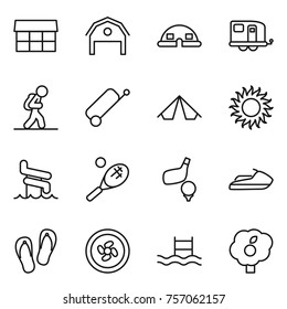 Thin line icon set : market, barn, dome house, trailer, tourist, suitcase, tent, sun, aquapark, tennis, golf, jet ski, flip flops, cooler fan, pool, garden
