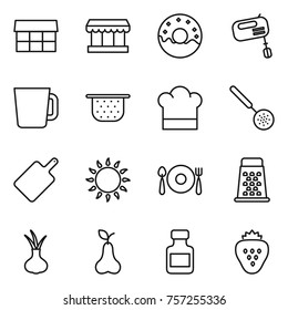 Thin line icon set : market, donut, mixer, cup, colander, cook hat, skimmer, cutting board, gas oven, fork spoon plate, grater, onion, pear, pills bottle, strawberry