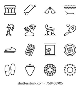 Thin line icon set : market, suitcase, tent, lounger, palm, island, aquapark, tennis, jet ski, inflatable mattress, flower in window, cooler fan, slippers, berry, sun