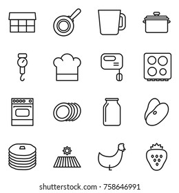 Thin line icon set : market, pan, cup, handle scales, cook hat, mixer, hob, oven, plates, bank, beans, pancakes, field, chicken, strawberry