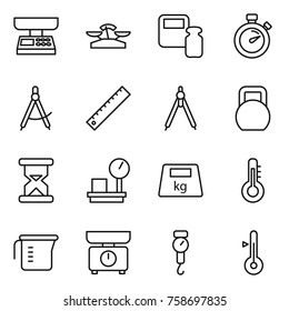 Thin line icon set : market scales, weight, stopwatch, draw compass, ruler, drawing compasses, heavy, sand clock, warehouse, thermometer, measuring cup, kitchen, handle