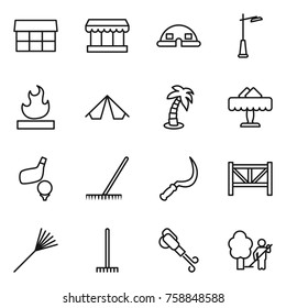 Thin line icon set : market, dome house, outdoor light, flammable, tent, palm, restaurant, golf, rake, sickle, farm fence, blower, garden cleaning