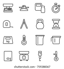 Thin line icon set : market scales, weight, stopwatch, measuring tape, drawing compasses, heavy, sand clock, thermometer, cup, kitchen, handle
