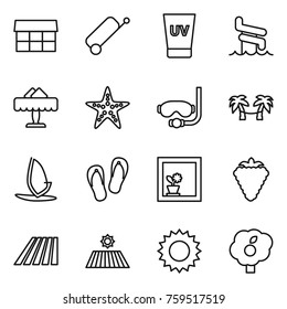 Thin line icon set : market, suitcase, uv cream, aquapark, restaurant, starfish, diving mask, palm hammock, windsurfing, flip flops, flower in window, berry, field, sun, garden