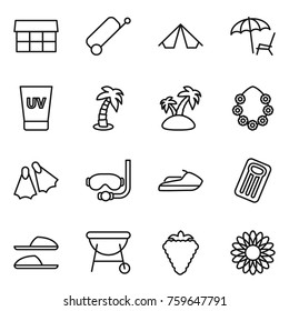 Thin line icon set : market, suitcase, tent, lounger, uv cream, palm, island, hawaiian wreath, flippers, diving mask, jet ski, inflatable mattress, slippers, bbq, berry, flower