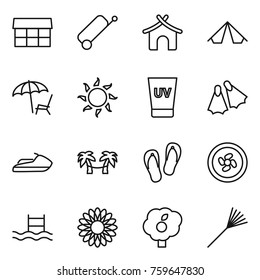 Thin line icon set : market, suitcase, bungalow, tent, lounger, sun, uv cream, flippers, jet ski, palm hammock, flip flops, cooler fan, pool, flower, garden, rake
